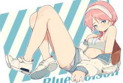 Rule 34 | arknights, bare legs, blue poison (arknights), blue poison (shoal beat) (arknights), character name, choker, coldcat., commission, ear piercing, full body, hairband, highres, jacket, medium hair, midriff, navel, o-ring, o-ring choker, off shoulder, official alternate costume, piercing, pink choker, pink hair, second-party source, shoes, short shorts, shorts, solo, sports bra, white footwear, white hairband, white jacket, white shorts, white sports bra