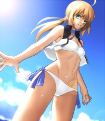 Rule 34 | 1girl, ahoge, artoria pendragon (fate), artoria pendragon (swimsuit archer) (fate), artoria pendragon (swimsuit archer) (first ascension) (fate), artoria pendragon (swimsuit archer) (second ascension) (fate), bikini, blonde hair, blue ribbon, blue sky, breasts, chietori, cleavage, cloud, cowboy shot, day, fate/grand order, fate (series), from below, green eyes, groin, halterneck, lens flare, long hair, looking at viewer, parted lips, ponytail, ribbon, sky, small breasts, solo, standing, swimsuit, white bikini