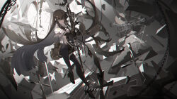 Rule 34 | 1girl, abstract background, absurdly long hair, absurdres, antenna hair, arknights, ascot, belt, belt buckle, belt pouch, black ascot, black belt, black bustier, black footwear, black garter straps, black gloves, black hair, black halo, black pouch, black skirt, black thighhighs, blunt bangs, blurry, blurry background, breasts, bright pupils, broken halo, buckle, bustier, buttons, cello, chain, character name, chinese commentary, chromatic aberration, closed mouth, collared jacket, colored inner hair, commentary request, cursive, dark halo, debris, depth of field, detached wings, dress shirt, energy wings, film grain, floating, floating hair, from side, full body, garter straps, gloves, grey eyes, grey hair, grey shirt, grey wings, hair flowing over, halo, hands up, high heels, highres, hime cut, holding, holding instrument, holding violin, instrument, jacket, knee up, knees, krao, layered sleeves, legs, light particles, light smile, long hair, long sleeves, looking at viewer, looking to the side, medium breasts, miniskirt, mole, mole under eye, multicolored hair, multiple belts, multiple hands, one eye closed, originium arts (arknights), pale skin, pleated skirt, pouch, shade, shadow, shiny footwear, shirt, short over long sleeves, short-sleeved jacket, short sleeves, sidelocks, skirt, solo, spotlight, straight hair, strappy heels, thighhighs, two-tone hair, v-shaped eyebrows, very long hair, violin, virtuosa (arknights), white background, white belt, white jacket, white pupils, wide sleeves, wing collar, wings, zettai ryouiki