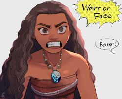 1girl brown_eyes brown_hair clenched_teeth dark-skinned_female dark_skin english_text jewelry long_hair moana_(movie) moana_waialiki necklace pano_(mohayayamai) simple_background solo speech_bubble teeth upper_body white_background