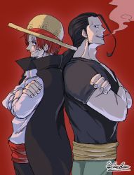 Rule 34 | 2boys, benn beckman, black hair, cape, cigarette, crossed arms, facial hair, grin, hat, highres, holding, holding cigarette, large pectorals, long hair, looking at another, looking to the side, manly, multiple boys, official style, one piece, pectorals, ponytail, red background, red hair, red hair pirates, scar, scar across eye, shaded face, shanks (one piece), short hair, simple background, smile, smoking, smug, standing, straw hat, tacchan56110
