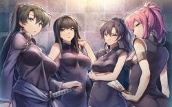 Rule 34 | 4girls, alternate costume, armband, ass, bare shoulders, black dress, black hair, blush, breasts, china dress, chinese clothes, closed mouth, crossed arms, dress, female focus, fingerless gloves, fir (fire emblem), fire emblem, fire emblem: the binding blade, fire emblem: the blazing blade, fire emblem: the sacred stones, fire emblem heroes, gloves, green eyes, green hair, hair ribbon, hand up, karla (fire emblem), katana, large breasts, long hair, long sleeves, looking at viewer, looking back, lyn (fire emblem), marisa (fire emblem), medium breasts, mother and daughter, multiple girls, nintendo, open mouth, pink eyes, pink hair, ponytail, purple eyes, ribbon, sajittari, side slit, simple background, sleeveless, sleeveless dress, sword, time paradox, very long hair, weapon, yellow eyes