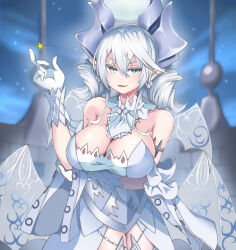 Rule 34 | 1girl, breasts, cleavage, demon girl, demon horns, demon wings, dress, duel monster, gloves, grey eyes, highres, horns, large breasts, looking at viewer, lovely labrynth of the silver castle, low wings, multiple wings, pointy ears, smile, solo, tamayu96, twintails, white hair, white horns, wings, yu-gi-oh!