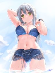 Rule 34 | 1girl, arm behind head, arm up, armpits, bare shoulders, bikini, blue bikini, blue sky, blush, braid, breasts, brown eyes, cleavage, closed mouth, cowboy shot, dated, day, fringe trim, gluteal fold, head tilt, highres, large breasts, long hair, looking at viewer, navel, original, outdoors, signature, silver hair, sky, solo, sparkle, stomach, swimsuit, water drop, wet, yukinoshiro