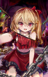 Rule 34 | 1girl, :d, absurdres, alternate costume, bare shoulders, blonde hair, blurry, bow, chain, cowboy shot, crystal, depth of field, fang, flandre scarlet, hair between eyes, hair bow, highres, holding, indoors, jewelry, long hair, looking at viewer, midriff, miniskirt, navel, nero augustus, no headwear, no headwear, open mouth, red eyes, red skirt, shirt, short sleeves, skirt, smile, solo, touhou, wings