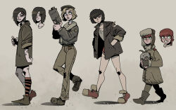 4girls bandaid black_hair black_hat blonde_hair blue_eyes bomber_jacket brown_coat brown_footwear brown_jacket brown_pants closed_mouth coat freckles fur-trimmed_jacket fur_trim grey_eyes grin gun hair_ornament hairclip hands_in_pockets hat highres ho-uja holding holding_gun holding_mask holding_weapon hood hooded_jacket jacket kneehighs korean_commentary leather leather_jacket looking_at_viewer mask medium_hair missing_tooth multiple_girls one_eye_closed open_clothes open_jacket original pants post-apocalypse red_footwear red_hair red_socks short_hair simple_background smile smirk socks walking wavy_hair weapon