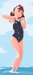 Rule 34 | 1girl, armpits, brown eyes, brown hair, goggles, goggles on head, np (slipbounds), one-piece swimsuit, original, school swimsuit, short hair, simple background, sleeveless, solo, standing, swimsuit