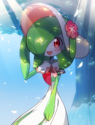Rule 34 | 1girl, adjusting clothes, adjusting headwear, blue sky, blush, bob cut, bonnet, capelet, clothed pokemon, colored skin, creatures (company), dappled sunlight, day, female focus, flat chest, flower, game freak, gardevoir, gardevoir (fashionable), gen 3 pokemon, green hair, green skin, hair over one eye, hand up, happy, hat, hat flower, heart, heart in eye, jaggy lines, light rays, lotosu, multicolored skin, nintendo, open mouth, outdoors, petals, pink flower, pink trim, pokemon, pokemon (creature), pokemon unite, red eyes, short hair, sky, smile, solo, standing, sunlight, symbol in eye, tree, two-tone skin, white capelet, white hat, white skin