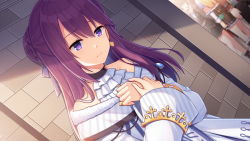 Rule 34 | 3girls, bare shoulders, blush, braid, brick wall, closed mouth, collarbone, copyright request, dress, dutch angle, earrings, hair between eyes, hair bun, hands up, hitsuki rei, jewelry, long hair, long sleeves, multiple girls, off-shoulder dress, off shoulder, purple eyes, purple hair, single hair bun, solo focus, white dress, wide sleeves