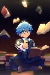 Rule 34 | 1boy, blue eyes, blue hair, book, book on lap, bow, bowtie, coin, coin flip, crossed legs, echo (circa), fate/grand order, fate (series), floating, floating object, full body, glasses, hans christian andersen (fate), light, long sleeves, looking up, male focus, open book, shoes, sitting, solo, vest
