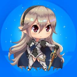Rule 34 | 1girl, armor, blush, cape, chibi, closed mouth, corrin (female) (fire emblem), corrin (fire emblem), fire emblem, fire emblem fates, fire emblem heroes, full body, gloves, hairband, long hair, magister, nintendo, pointy ears, red eyes, solo, sword, weapon, white hair