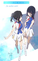 Rule 34 | 2girls, black hair, blue hair, blunt bangs, boots, closed mouth, commentary, copyright name, dated, foreshortening, from above, hibike! euphonium, highres, holding hands, kasaki nozomi, liz to aoi tori, long hair, looking at another, marching band, multiple girls, nii manabu, open mouth, perspective, pleated skirt, ponytail, purple eyes, shaded face, sidelocks, signature, skirt, sleeveless, smile, yoroizuka mizore