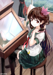 Rule 34 | 1girl, absurdres, bad id, bad pixiv id, black thighhighs, brown eyes, brown hair, chamu (chammkue), commentary request, from above, green sailor collar, green skirt, hair ornament, highres, holding, holding hair, kantai collection, kisaragi (kancolle), kisaragi kai ni (kancolle), long hair, looking at viewer, mirror, neckerchief, pixiv username, pleated skirt, red neckerchief, reflection, sailor collar, school uniform, serafuku, sitting, skirt, smile, solo, stool, thighhighs, twitter username, window, wooden floor