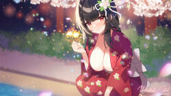 Rule 34 | 1girl, absurdres, apple caramel, black hair, blurry, blurry background, blush, breasts, cleavage, closed mouth, commentary request, commission, copyright request, depth of field, fireworks, floral print, highres, holding, holding fireworks, japanese clothes, kimono, large breasts, long hair, looking at viewer, pixiv commission, print kimono, red eyes, red kimono, senkou hanabi, signature, smile, solo, sparkler, squatting, tree, virtual youtuber, yukata