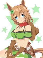 Rule 34 | 1girl, animal ears, armband, bandana, bare shoulders, blue eyes, breasts, brown gloves, brown hair, brown headwear, cleavage, commentary request, gloves, green armband, green skirt, gun, gurukorian, hair between eyes, hair ornament, handgun, hands on own hips, highres, holster, holstered, horse ears, horse girl, large breasts, long hair, looking at viewer, ponytail, red bandana, revolver, simple background, skirt, smile, solo, star (symbol), star hair ornament, star print, taiki shuttle (umamusume), umamusume, upper body, weapon, white background