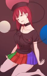 Rule 34 | 1girl, barefoot, black background, black shirt, chain, choker, clothes writing, commentary, ear piercing, full body, hecatia lapislazuli, highres, kakone, looking at viewer, medium hair, multicolored clothes, multicolored skirt, one-hour drawing challenge, open mouth, piercing, red eyes, red hair, shirt, simple background, sitting, skirt, solo, touhou, wariza