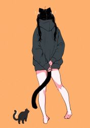 Rule 34 | 1girl, ahoge, animal ears, arms behind back, bare legs, barefoot, black cat, black hair, black hoodie, cat, cat ears, cat girl, cat tail, commentary request, emphasis lines, from behind, full body, grey hoodie, heel up, highres, hood, hoodie, legs, long hair, megateru, no pants, orange background, original, oversized clothes, ribbon, simple background, sleeves past wrists, solo, standing, tail, twintails, white ribbon