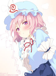 Rule 34 | 1girl, :t, arm garter, artist name, bad id, bad pixiv id, beige background, blue hat, blue sash, blush, center frills, commentary request, frilled shirt collar, frills, gradient background, hair between eyes, hat, long sleeves, looking at viewer, mob cap, neck ribbon, nnyara, pink eyes, pink hair, red ribbon, ribbon, ribbon-trimmed collar, ribbon trim, saigyouji yuyuko, sash, short hair, solo, touhou, translation request, triangular headpiece, twitter username, upper body, white background