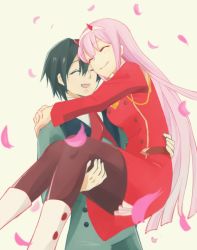 Rule 34 | 10s, 1boy, 1girl, 774 m a, black hair, black pantyhose, boots, breasts, carrying, closed eyes, commentary request, couple, darling in the franxx, hair ornament, hairband, hand on another&#039;s back, hand on another&#039;s leg, hand on another&#039;s shoulder, hetero, hiro (darling in the franxx), horns, hug, long hair, long sleeves, medium breasts, military, military uniform, necktie, oni horns, open mouth, orange neckwear, pantyhose, petals, pink hair, princess carry, red horns, red neckwear, short hair, uniform, white footwear, white hairband, zero two (darling in the franxx)