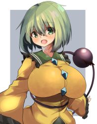 Rule 34 | :o, blush, breasts, buttons, diamond button, eyeball, eyes visible through hair, fang, frilled shirt collar, frilled sleeves, frills, green eyes, green hair, hair between eyes, highres, huge breasts, komeiji koishi, long sleeves, looking at viewer, medium hair, no headwear, open mouth, shirt, skin fang, sleeves past wrists, spy (user jxcc8553), standing, third eye, touhou, wide sleeves, yellow shirt