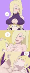 Rule 34 | 1boy, 1girl, age difference, bare shoulders, blonde hair, blue eyes, blush, boruto: naruto next generations, breast press, breast rest, breast sucking, breasts, breasts on head, breasts squeezed together, cleavage, cleavage cutout, clothing cutout, drooling, ear piercing, earrings, eeshin (eishin5584), grabbing, grabbing another&#039;s breast, green eyes, hair ornament, hair over one eye, hair tie, hairclip, hands on another&#039;s breasts, heart, hetero, highres, holding, incest, jewelry, kiss, lactation, large areolae, large breasts, long hair, mature female, milk, mother and son, naruto (series), nipples, nipples visible through clothes, pale skin, piercing, ponytail, projectile lactation, purple background, saliva, smile, yamanaka ino, yamanaka inojin, yellow background