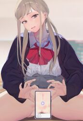 Rule 34 | 1girl, black jacket, blonde hair, blunt bangs, blurry, blurry background, bow, bowtie, breasts, cellphone, censored, clothes lift, collared shirt, commentary, cowboy shot, dress shirt, ear piercing, eightman, grey skirt, head tilt, heart, heart hands, highres, jacket, long hair, looking at viewer, miniskirt, mosaic censoring, nail polish, no panties, open clothes, open jacket, open mouth, original, phone, piercing, pleated skirt, purple eyes, purple nails, pussy, red bow, red bowtie, school uniform, shirt, shirt tucked in, sidelocks, sitting, skirt, skirt lift, small breasts, smartphone, smile, solo, spread legs, twintails, white shirt, wing collar