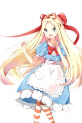 Rule 34 | 1girl, :d, abigail williams (fate), absurdres, apron, blonde hair, blue dress, blue eyes, bow, braid, collared dress, commentary request, dress, fate/grand order, fate (series), feet out of frame, forehead, frilled apron, frilled dress, frills, hair bow, hair ribbon, hands up, highres, long hair, looking at viewer, open mouth, pantyhose, parted bangs, puffy short sleeves, puffy sleeves, red bow, red ribbon, ribbon, short sleeves, simple background, smile, solo, striped clothes, striped pantyhose, very long hair, waist apron, white apron, white background, yukaa