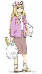 Rule 34 | 1girl, alternate costume, bag, blonde hair, blouse, bow, casual, contemporary, female focus, frown, grey socks, groceries, hair bow, hat, hat bow, long hair, ohyo, sandals, shirt, simple background, skirt, socks, solo, standing, touhou, very long hair, white background, yakumo yukari