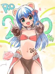 Rule 34 | 1girl, :3, :d, animal ears, anniversary, bikini, bikini top only, blue hair, blush, bow, brown capelet, brown gloves, capelet, commentary request, confetti, cowboy shot, elbow gloves, emurin, finger counting, flat chest, gloves, green eyes, hair bow, highres, long hair, looking at viewer, mage (ragnarok online), majiko (emurin), midriff, monkey ears, navel, open mouth, pelvic curtain, poring, ragnarok online, red bikini, red bow, red skirt, showgirl skirt, skirt, slime (creature), smile, star-shaped pupils, star (symbol), swimsuit, symbol-shaped pupils, v