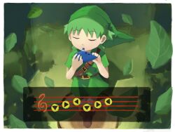 closed_eyes cosplay falling_leaves gameplay_mechanics green_tunic highres instrument koiwai_yotsuba labuyoi leaf link link_(cosplay) music nintendo playing_instrument staff_(music) the_legend_of_zelda the_legend_of_zelda:_ocarina_of_time treble_clef tunic user_interface yotsubato!