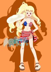 @est@ absurdres american_flag american_flag_bikini american_flag_print bikini blonde_hair flag_print flower highres kagayaki_alice kiratto_pri_chan navel open_mouth pretty_series print_bikini red_eyes sandals shadow signature swimsuit watermark