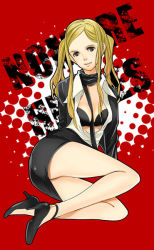 Rule 34 | 1girl, blonde hair, bra, breasts, corset, female focus, full body, grasshopper manufacture, halftone, halftone background, long sleeves, no more heroes, skirt, solo, sylvia christel, twintails, underwear