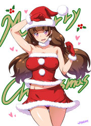 Rule 34 | 1girl, :d, amanogawa kirara, arm up, armpits, artist name, bare arms, bare shoulders, blush, breasts, brown hair, choker, christmas, clenched hand, collarbone, earrings, covered erect nipples, female focus, gloves, go! princess precure, happy, hat, heart, jewelry, joy ride, large breasts, legs, long hair, looking at viewer, low twintails, merry christmas, midriff, navel, open mouth, panties, pantyshot, precure, purple eyes, purple panties, red gloves, red skirt, santa costume, santa gloves, santa hat, skin tight, skirt, smile, solo, sparkle, standing, strapless, tube top, twintails, underwear, upskirt, white background