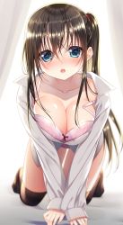 Rule 34 | 1girl, :o, absurdres, all fours, black thighhighs, blue eyes, blush, bow, bow bra, bra, breasts, brown hair, cleavage, collarbone, collared shirt, commentary request, curtains, highres, large breasts, long bangs, long hair, long sleeves, looking at viewer, minatsuki alumi, open mouth, original, pink bra, shirt, side ponytail, sidelocks, strap slip, teeth, thighhighs, thighs, underwear, upper teeth only, white shirt