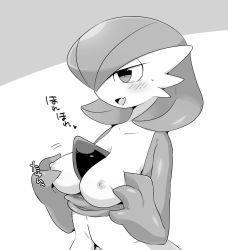 Rule 34 | 1girl, blush, breast hold, breasts, collarbone, creatures (company), fang, female focus, game freak, gardevoir, gen 3 pokemon, grey background, greyscale, hair over one eye, half-closed eyes, hands up, heart, highres, large breasts, monochrome, nintendo, nipples, open mouth, pokemon, pokemon (creature), pokemon rse, short hair, simple background, smile, solo, subaru331, sweat, text focus, translation request, two-tone background, upper body, white background