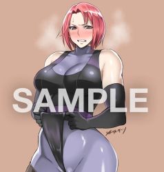 Rule 34 | 1girl, alternate breast size, bare shoulders, black thighhighs, blush, breasts, capcom, dino crisis, elbow gloves, gloves, groin, large breasts, leotard, looking at viewer, mature female, red hair, regina (dino crisis), sample watermark, shibusun, short hair, simple background, skin tight, solo, spandex, sweatdrop, teeth, thighhighs, thighs, watermark