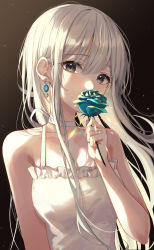 Rule 34 | 1girl, absurdres, bare arms, bare shoulders, black eyes, blue flower, breasts, choker, collarbone, commentary request, covered mouth, covering own mouth, dress, earrings, ekina (1217), flower, gradient background, green flower, grey hair, halterneck, highres, holding, holding flower, jewelry, long hair, looking at viewer, medium breasts, nail polish, original, shirt, sidelocks, sleeveless, sleeveless dress, sleeveless shirt, solo, upper body, white choker, white shirt