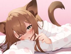 Rule 34 | 1girl, animal ears, arm pillow, bad id, bad pixiv id, blonde hair, blush, brown hair, cat ears, cat girl, cat tail, chestnut mouth, finger heart, fingernails, haiba 09, hair over eyes, hair strand, long hair, long sleeves, looking at viewer, lying, nekoseki rion (haiba 09), on side, one eye closed, original, outstretched arm, pajamas, pink background, polka dot, polka dot pajamas, solo, tail, upper body