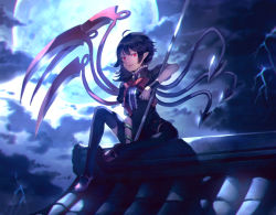 Rule 34 | 1girl, :d, ahoge, asymmetrical wings, backlighting, black dress, black hair, black thighhighs, bow, bowtie, cloud, cloudy sky, dress, frilled dress, frills, full body, full moon, highres, houjuu nue, knee up, lightning, looking at viewer, looking back, mary janes, moon, moonlight, on roof, open mouth, pink eyes, pointy ears, red bow, red bowtie, shoes, short hair, short sleeves, sitting, sky, smile, snake, solo, staff, sunakumo, sweatband, thighhighs, touhou, wings