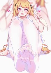 Rule 34 | 1girl, absurdres, blonde hair, blush, cum, cum on body, cum on feet, feet, foot focus, heart, heart-shaped pupils, highres, long hair, looking at viewer, open mouth, original, pantyhose, pink eyes, sitting, soles, solo, symbol-shaped pupils, toes, yao (pixiv9482697)