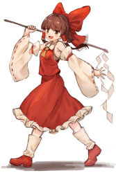 Rule 34 | 1girl, absurdres, bow, brown eyes, brown hair, commentary request, detached sleeves, frilled skirt, frills, full body, gohei, hair bow, hair tubes, hakurei reimu, hand up, highres, holding, long hair, nontraditional miko, open mouth, red bow, red footwear, red shirt, red skirt, shirt, shoes, simple background, skirt, smile, socks, solo, touhou, walking, white background, white socks, wide sleeves, yanyan (shinken gomi), yellow neckwear