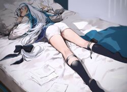 Rule 34 | 1boy, bed, bed sheet, boxer briefs, genshin impact, hair ornament, long hair, lying, male underwear, neuvillette (genshin impact), np (1231 0720), on bed, on stomach, pillow, sleeping, sleeping on bed, solo, underwear, very long hair, white bed