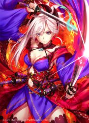Rule 34 | 1girl, aura, blue eyes, blue kimono, breasts, cleavage, closed mouth, detached sleeves, dual wielding, earrings, expressionless, fate/grand order, fate (series), fire, floral print, glint, hair ornament, highres, holding, japanese clothes, jewelry, katana, kimono, large breasts, long hair, looking at viewer, miyamoto musashi (fate), miyamoto musashi (third ascension) (fate), navel, obi, pink hair, ponytail, sakiyamama, sash, sheath, sidelocks, sleeveless, sleeveless kimono, solo, sword, thighhighs, tsurime, weapon, wide sleeves