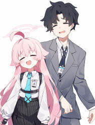 Rule 34 | 1boy, 1girl, ahoge, black hair, black necktie, black skirt, blue archive, blue necktie, blush, chest harness, closed eyes, commentary request, facing viewer, fang, formal, grey suit, halo, harness, height difference, highres, hoshino (blue archive), id card, lanyard, long hair, necktie, open mouth, pink hair, pink halo, pleated skirt, school uniform, sensei (blue archive), sensei (blue archive the animation), shirt tucked in, short hair, simple background, skirt, smile, suit, wagashi928, white background