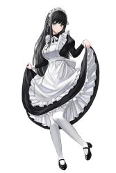 Rule 34 | 1girl, absurdres, apron, black hair, blue eyes, clothes lift, commentary, full body, highres, maid, maid apron, maid headdress, nyanbutter, original, pleated skirt, skirt, skirt lift, solo, thighhighs, white thighhighs