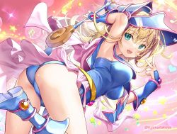 Rule 34 | 1girl, arm up, armpits, artist name, ass, blonde hair, blue dress, blue footwear, blush, boots, breasts, capelet, commentary request, dark magician girl, dress, duel monster, fingernails, fujima takuya, green eyes, hat, heart, highleg, highleg leotard, holding, knee boots, leg up, leotard, long hair, looking at viewer, looking back, medium breasts, musical note, open mouth, pink capelet, shiny skin, short dress, signature, simple background, skirt, solo, star (symbol), thighs, v, vambraces, wand, wizard hat, yu-gi-oh!, yu-gi-oh! duel monsters