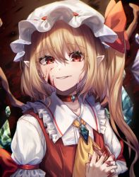 Rule 34 | 1girl, arms up, ascot, blonde hair, blood, blood on face, blood on hands, brooch, choker, crystal, fang, fingernails, flandre scarlet, frilled shirt collar, frills, gradient background, grin, hair between eyes, hat, highres, interlocked fingers, jewelry, light particles, long fingernails, looking at viewer, mob cap, mozuno (mozya 7), nail polish, one side up, own hands together, pointy ears, puffy short sleeves, puffy sleeves, red background, red choker, red eyes, red nails, red vest, sharp fingernails, shirt, short hair, short sleeves, slit pupils, smile, solo, standing, touhou, uneven eyes, upper body, vest, white hat, white shirt, wings, yellow ascot