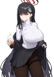 Rule 34 | 1girl, black hair, black jacket, black pantyhose, black skirt, blue archive, breasts, clothes lift, hair ornament, hairclip, halo, highres, holding, jacket, large breasts, long hair, long sleeves, looking at viewer, pantyhose, parted lips, pleated skirt, red eyes, rio (blue archive), skirt, skirt lift, solo, sweater, thighband pantyhose, turtleneck, turtleneck sweater, very long hair, white background, white sweater, yzr (yzr99)