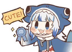 Rule 34 | 1girl, :3, :d, adapted costume, animal costume, blue eyes, blue hair, blunt bangs, blush stickers, chibi, commentary, dated commentary, english commentary, english text, gawr gura, hammerhead shark, hololive, hololive english, hood, hood up, hoodie, long hair, long sleeves, medal, multicolored hair, open mouth, same anko, shark costume, sharp teeth, simple background, smile, solo, speech bubble, streaked hair, teeth, two-tone hair, v-shaped eyebrows, virtual youtuber, white background, white hair, wide sleeves