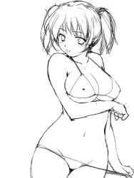 Rule 34 | 1girl, :p, bikini, bikini pull, breasts, clothes pull, covered erect nipples, greyscale, large breasts, lineart, lowleg, lowleg bikini, monochrome, nishiyama maruta, pulled by self, short twintails, sketch, solo, swimsuit, tongue, tongue out, twintails